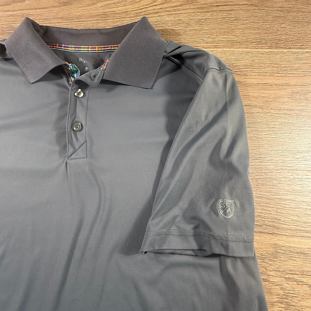 St. Andrews of Scotland Golf Polo Gray Short Sleeve Plaid Trim M Preppy Stretch